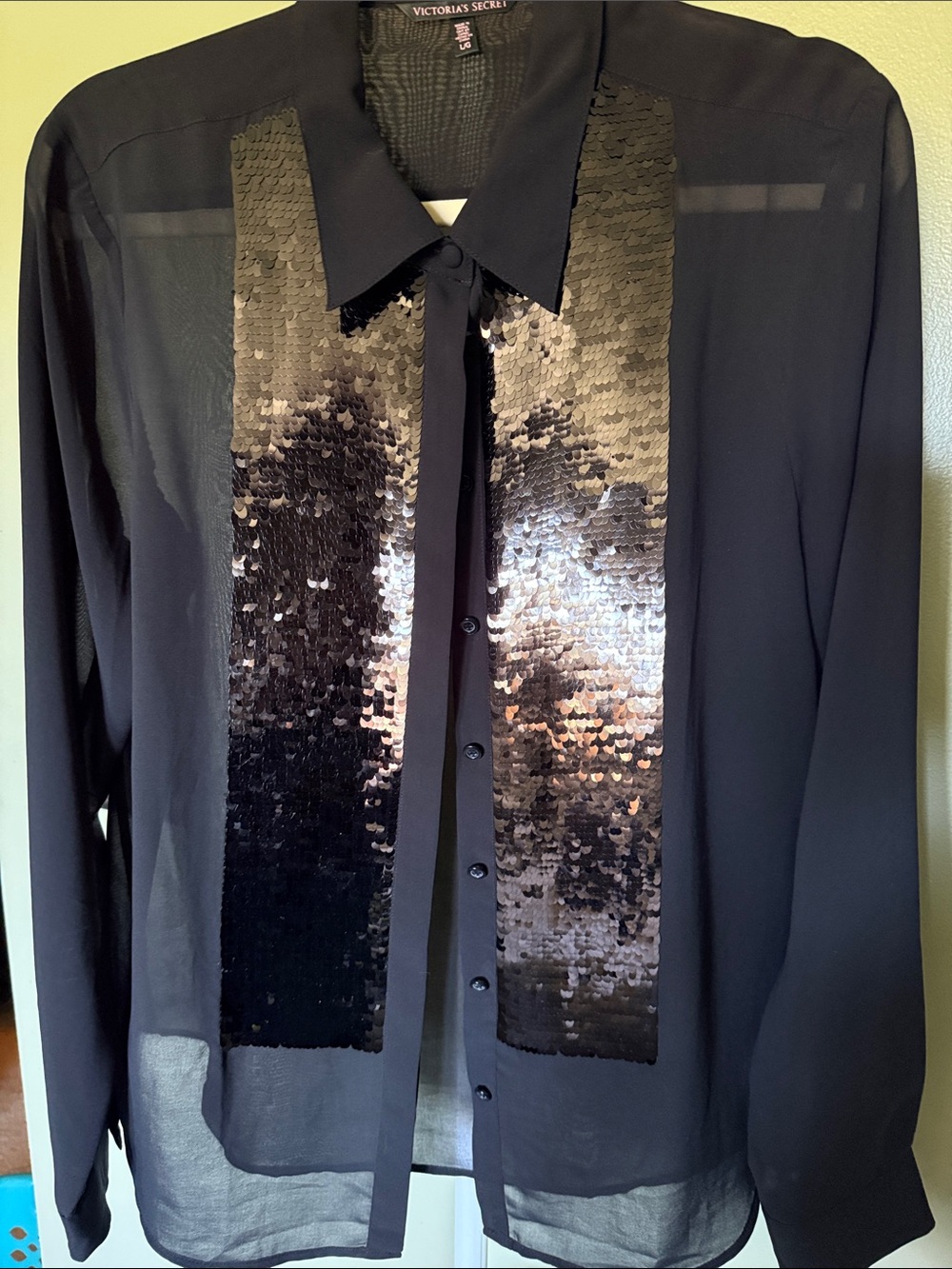 Victoria's Secret Black Sheer Blouse with Sequin Front Panels